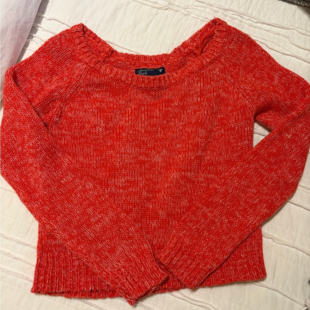 American Eagle Outfitters 100% cotton, red, Off the Shoulder Cropped Sweater, XS